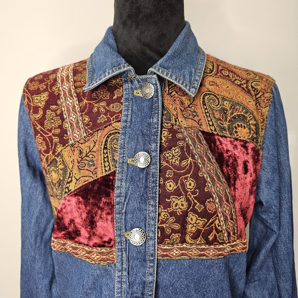 Vintage Studio Works Womens Jean Jacket Tapestry Velvet‎ Patchwork Petite S - Picture 4 of 11